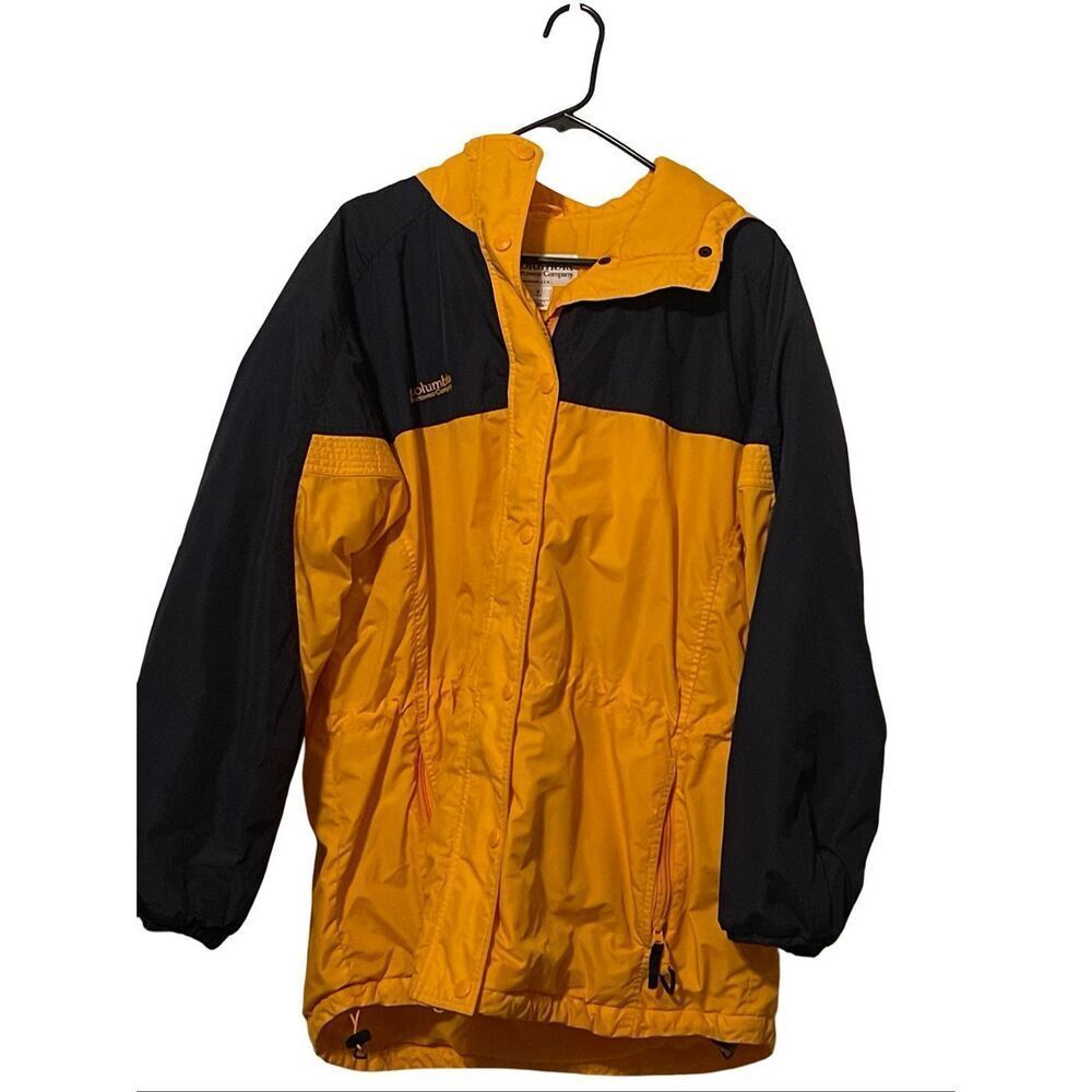 Columbia Womens Yellow Black Hooded Snap Lightweight Windbreaker Jacket Size XL